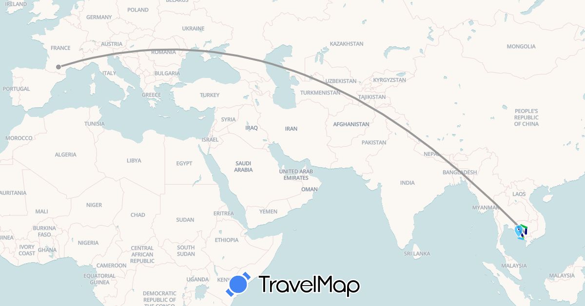 TravelMap itinerary: driving, bus, plane, cycling, boat, electric vehicle in France, Cambodia (Asia, Europe)